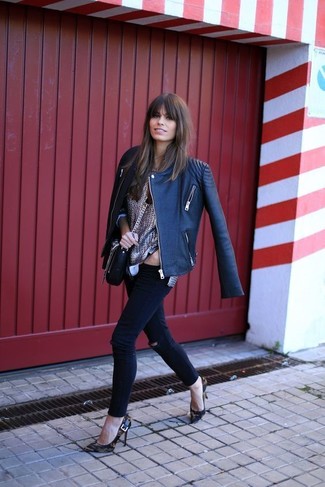 Brown Suede Pumps Outfits: For an outfit that's very straightforward but can be styled in many different ways, consider wearing a black leather biker jacket and black ripped skinny jeans. Avoid looking too casual by finishing with a pair of brown suede pumps.