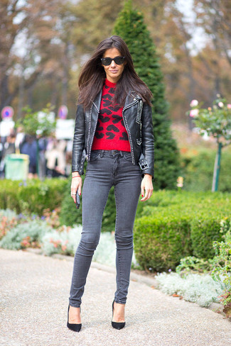 Women's Black Leather Biker Jacket, Red and Black Leopard Crew-neck Sweater, Charcoal Skinny Jeans, Black Suede Pumps
