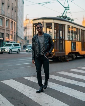Navy Sunglasses Outfits For Men: This pairing of a black leather biker jacket and navy sunglasses is a safe and very fashionable bet. Let your styling sensibilities truly shine by rounding off your outfit with a pair of black leather chelsea boots.