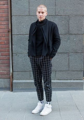 Navy Check Chinos Outfits: A black biker jacket and navy check chinos are a combination that every modern gentleman should have in his off-duty styling rotation. Balance your ensemble with a more casual kind of footwear, like this pair of white leather high top sneakers.