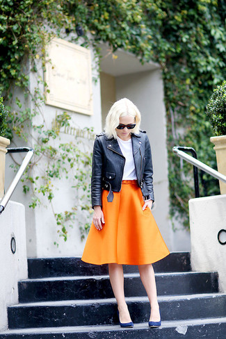 Navy Suede Pumps Outfits: This pairing of a black leather biker jacket and an orange a-line skirt is beyond chic and provides a casually cool look. To introduce a bit of fanciness to this ensemble, introduce a pair of navy suede pumps to the mix.
