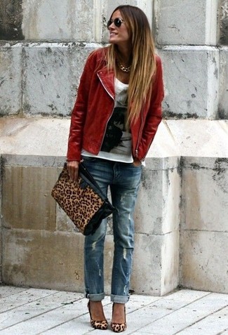 Tan Leopard Suede Pumps Outfits: Flaunt your sartorial skills in this off-duty pairing of a red leather biker jacket and blue ripped boyfriend jeans. For something more on the smart side to finish this getup, add tan leopard suede pumps to the equation.