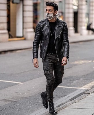 Black Leather Casual Boots Outfits For Men: Wear a black quilted leather biker jacket with charcoal camouflage cargo pants if you're hunting for an outfit option that conveys city casual style. For a classier touch, add a pair of black leather casual boots to the mix.