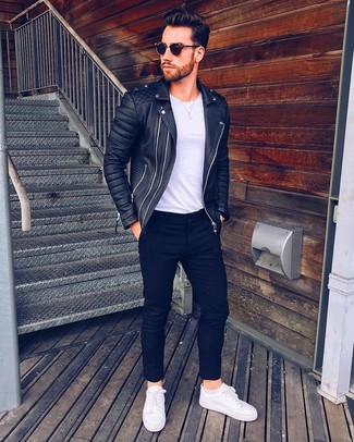Black Quilted Leather Biker Jacket Outfits For Men: A black quilted leather biker jacket and black chinos worn together are a nice match. Our favorite of a myriad of ways to finish this look is a pair of white leather low top sneakers.