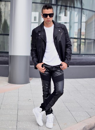 Men's Black Leather Biker Jacket, White Crew-neck T-shirt, Black Leather Chinos, White High Top Sneakers