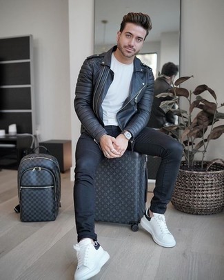 Charcoal Leather Backpack Outfits For Men: In fashion situations comfort is key, consider teaming a charcoal leather biker jacket with a charcoal leather backpack. Elevate your getup with the help of a pair of white and black leather low top sneakers.