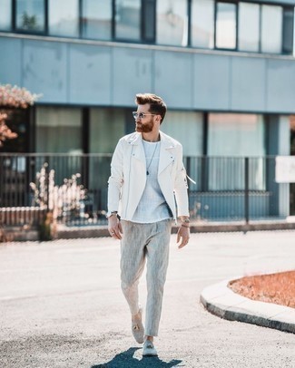 Grey Suede Loafers Outfits For Men: Team a white biker jacket with grey linen chinos for an everyday ensemble that's full of charisma and personality. For a dressier feel, why not add a pair of grey suede loafers to the equation?