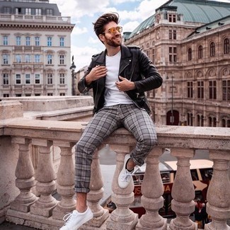 Black Biker Jacket Outfits For Men: Such essentials as a black biker jacket and grey plaid chinos are the ideal way to infuse extra cool into your daily off-duty routine. Now all you need is a cool pair of white canvas low top sneakers to round off this outfit.