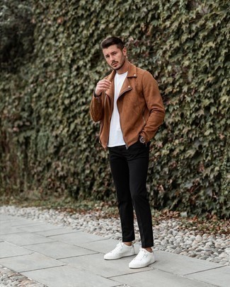 Dark Brown Suede Biker Jacket Outfits For Men: A dark brown suede biker jacket and black chinos? It's easily a wearable outfit that anyone can rock a version of on a daily basis. A pair of white leather low top sneakers is a smart idea to round off this ensemble.