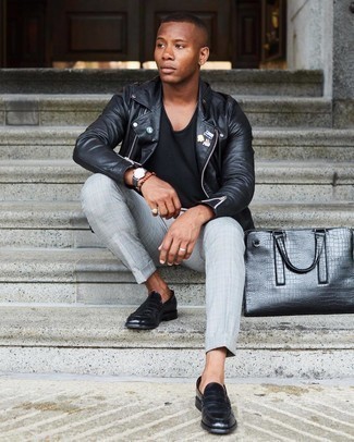 Grey Leather Watch Outfits For Men: Team a black embellished leather biker jacket with a grey leather watch to assemble an edgy and stylish outfit. A pair of black leather loafers easily steps up the style factor of any outfit.