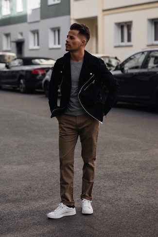 Men's Black Suede Biker Jacket, Grey Crew-neck T-shirt, Brown Chinos, White and Black Leather Low Top Sneakers