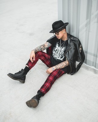 Men's Black Leather Biker Jacket, Black and White Print Crew-neck T-shirt, Red and Black Plaid Chinos, Black Leather Casual Boots
