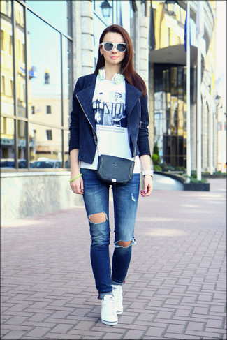 Women's Navy Suede Biker Jacket, White and Black Print Crew-neck T-shirt, Blue Ripped Jeans, White High Top Sneakers