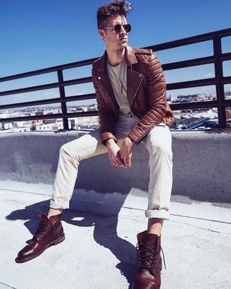 Brown Leather Biker Jacket Outfits For Men: A brown leather biker jacket and beige jeans are a good combination worth integrating into your off-duty fashion mix. And if you wish to easily perk up your outfit with one item, why not throw brown leather casual boots in the mix?