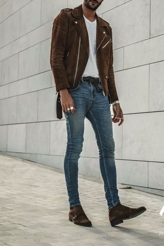 Dark Brown Suede Biker Jacket Outfits For Men: This combo of a dark brown suede biker jacket and blue jeans is super easy to throw together and so comfortable to wear a variation of all day long as well! Let your outfit coordination sensibilities really shine by complementing this look with a pair of dark brown suede double monks.
