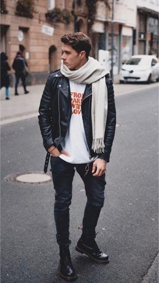 Men's Black Leather Biker Jacket, White and Red Print Crew-neck T-shirt, Navy Jeans, Black Leather Casual Boots