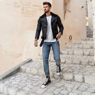 gasolina Competitivo Auckland Black Leather Jacket with Black Sneakers Spring Outfits For Men (67 ideas &  outfits) | Lookastic