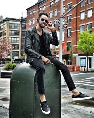 Black Sunglasses Chill Weather Outfits For Men: To create a casual ensemble with an edgy twist, make a black leather biker jacket and black sunglasses your outfit choice. Feeling brave? Change things up a bit by slipping into a pair of black leather low top sneakers.