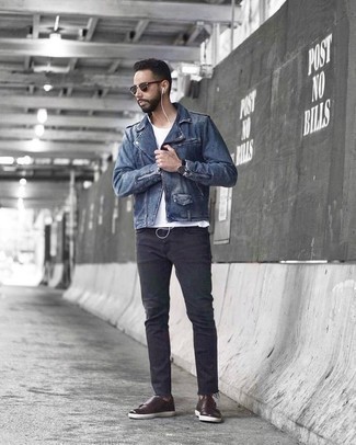 Blue Biker Jacket Outfits For Men: The versatility of a blue biker jacket and charcoal jeans means they will be on heavy rotation in your closet. You could perhaps get a little creative in the shoe department and lift up your getup by wearing dark brown leather double monks.