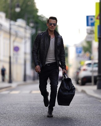 Try teaming a black leather biker jacket with navy jeans if you seek to look casually cool without making too much effort. For an on-trend hi/low mix, add a pair of black leather desert boots to this look.