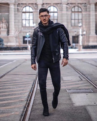 Black Scarf Outfits For Men: If you're facing a sartorial situation where comfort is critical, this combo of a black leather biker jacket and a black scarf is always a winner. Feeling brave? Jazz up your look by rounding off with a pair of black suede chelsea boots.