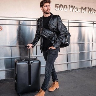 Black Leather Backpack Outfits For Men: Marrying a black leather biker jacket with a black leather backpack is an on-point option for a laid-back yet sharp look. A trendy pair of tobacco leather work boots is a simple way to infuse an extra touch of class into your look.