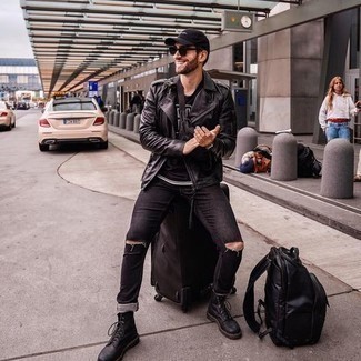 Black Suitcase Outfits For Men: A black leather biker jacket and a black suitcase are the perfect foundation for a great number of dapper combos. Get a little creative on the shoe front and throw black leather casual boots in the mix.
