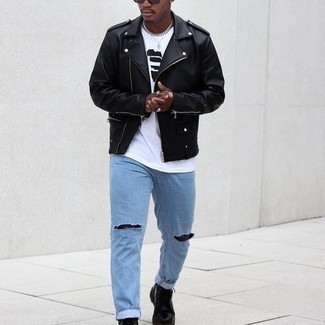 Men's Black Leather Biker Jacket, White and Black Print Crew-neck T-shirt, Light Blue Ripped Jeans, Black Leather Casual Boots