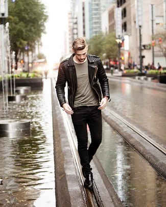 Black Quilted Leather Biker Jacket Outfits For Men: To achieve a laid-back ensemble with a modernized spin, you can rock a black quilted leather biker jacket and black jeans. Finishing off with black leather chelsea boots is a guaranteed way to breathe an extra touch of style into this look.