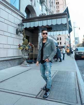 Grey Canvas High Top Sneakers Outfits For Men: For a surefire off-duty option, you can't go wrong with this combination of a light blue biker jacket and blue ripped jeans. Complement this look with a pair of grey canvas high top sneakers and the whole getup will come together.