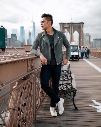 Charcoal Suede Biker Jacket Outfits For Men: Consider teaming a charcoal suede biker jacket with navy jeans to put together an everyday look that's full of charisma and character. Want to dial it down with shoes? Make white canvas high top sneakers your footwear choice for the day.