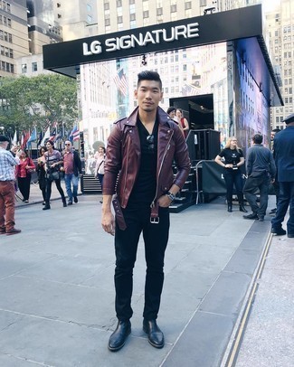 Burgundy Leather Biker Jacket Outfits For Men: If you're on the hunt for an off-duty and at the same time sharp ensemble, consider wearing a burgundy leather biker jacket and black jeans. Make this ensemble a bit dressier by rounding off with black leather chelsea boots.
