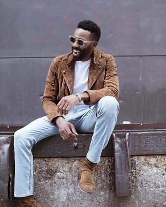 Dark Brown Suede Biker Jacket Outfits For Men: For a casually stylish outfit, wear a dark brown suede biker jacket and light blue jeans — these two items fit really well together. For maximum fashion effect, add a pair of brown suede chelsea boots to the mix.