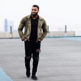 Olive Suede Biker Jacket Outfits For Men: Marrying an olive suede biker jacket with black ripped jeans is an on-point pick for an off-duty yet sharp look. Feeling transgressive? Smarten up your ensemble with black suede chelsea boots.