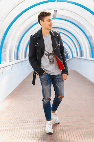 White and Brown Athletic Shoes Outfits For Men: Master the cool and casual getup in a black leather biker jacket and navy ripped jeans. A pair of white and brown athletic shoes can integrate really well within a ton of combinations.