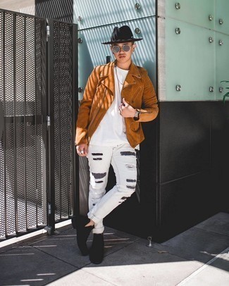 White Ripped Jeans Outfits For Men: Want to inject your menswear collection with some off-duty style? Pair a tobacco suede biker jacket with white ripped jeans. If you need to effortlessly perk up your outfit with a pair of shoes, add a pair of black suede chelsea boots to your getup.