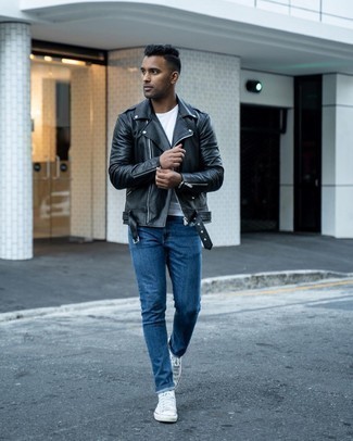 Navy Jeans Spring Outfits For Men: If you're scouting for a casual yet seriously stylish ensemble, consider wearing a black leather biker jacket and navy jeans. Add a carefree feel to this outfit by finishing off with a pair of white canvas high top sneakers. With springtime in the air, it's time to put on simple and stylish getups, just like this one.