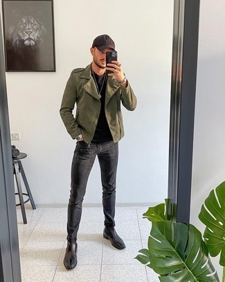 Olive Suede Biker Jacket Outfits For Men: An olive suede biker jacket and charcoal ripped jeans will add serious style to your casual styling rotation. And if you wish to easily up the style ante of your ensemble with one single item, why not introduce black leather chelsea boots to this outfit?