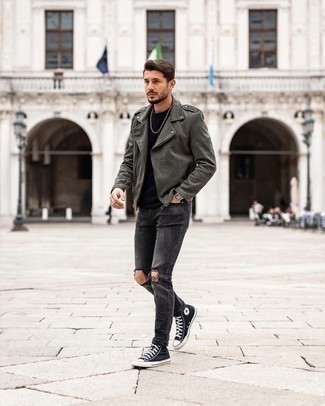 Charcoal Ripped Jeans Outfits For Men: This combination of a dark green suede biker jacket and charcoal ripped jeans is the ultimate casual style for today's man. Complement this ensemble with black and white canvas high top sneakers to tie your full ensemble together.