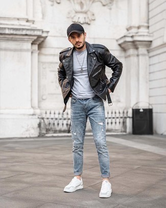 Men's Black Leather Biker Jacket, Grey Crew-neck T-shirt, Light Blue Ripped Jeans, White Leather Low Top Sneakers