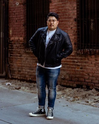Biker Jacket Outfits For Men: A biker jacket and navy ripped jeans are a nice combo to add to your day-to-day casual collection. Our favorite of a multitude of ways to finish this outfit is black and white canvas high top sneakers.