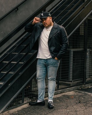 Biker Jacket Outfits For Men: For a casually dapper outfit, wear a biker jacket with light blue ripped jeans — these items work perfectly well together. Add a pair of black leather loafers to the mix for an instant style lift.