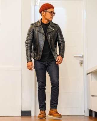 Tobacco Leather Casual Boots Chill Weather Outfits For Men: Rock a black leather biker jacket with charcoal jeans to feel completely confident and look trendy. Why not take a more polished approach with footwear and introduce tobacco leather casual boots to the mix?