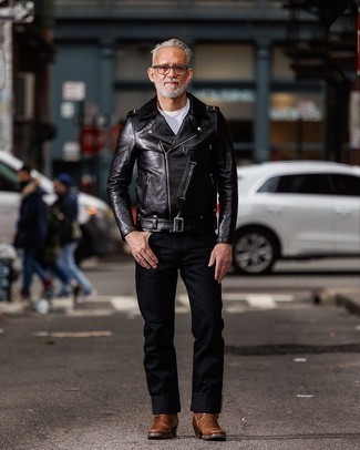 Brown Leather Chelsea Boots with Black Jeans Outfits For Men: For an outfit that's very easy but can be modified in a variety of different ways, wear a black leather biker jacket and black jeans. Level up this ensemble with brown leather chelsea boots.