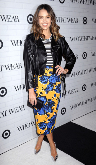 Jessica Alba wearing Black Leather Biker Jacket, White and Black Horizontal Striped Crew-neck T-shirt, Yellow Floral Pencil Skirt, Silver Leather Pumps