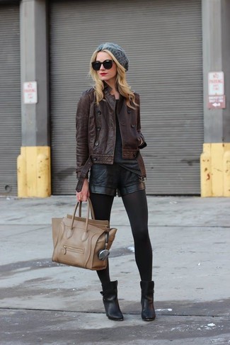 Women's Dark Brown Leather Biker Jacket, Charcoal Crew-neck T-shirt, Black Leather Shorts, Black Leather Ankle Boots