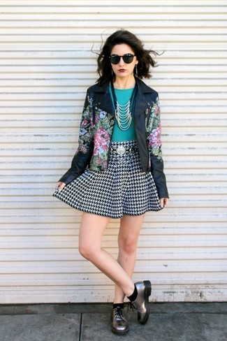 Women's Black Floral Leather Biker Jacket, Teal Crew-neck T-shirt, Black and White Houndstooth Skater Skirt, Silver Leather Derby Shoes