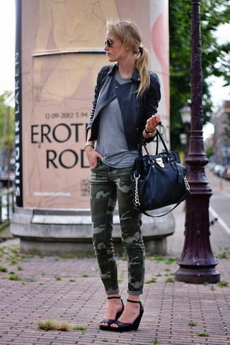 Black Leather Biker Jacket with Camouflage Pants Outfits For Women (3 ideas  & outfits)