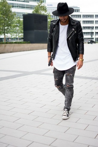 Charcoal Ripped Jeans Outfits For Men: If you gravitate towards relaxed dressing, why not take this combo of a black leather biker jacket and charcoal ripped jeans for a spin? Introduce charcoal low top sneakers to your getup to make the getup slightly more sophisticated.