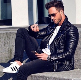 Men's Black Quilted Leather Biker Jacket, White Crew-neck T-shirt, Black Skinny Jeans, White and Black Athletic Shoes